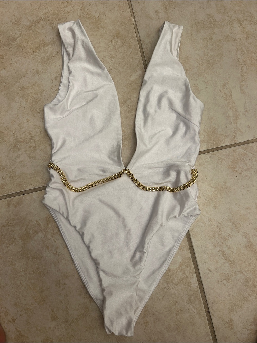 REVOLVE L & F White One-Piece Swimsuit with Gold Chain Detail